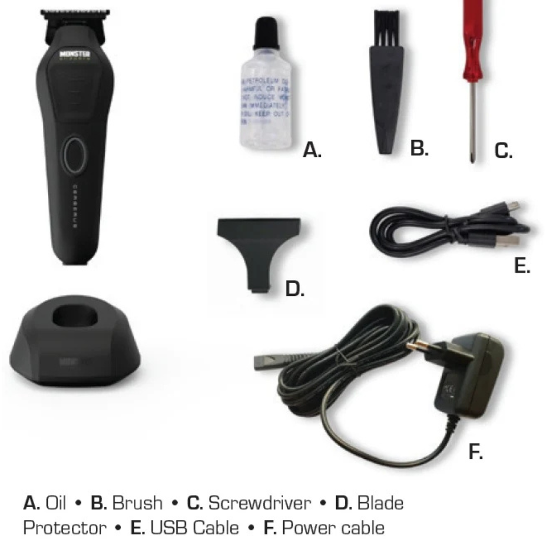 Monster Clippers Cerberus Hair Trimmer and accessories on white background