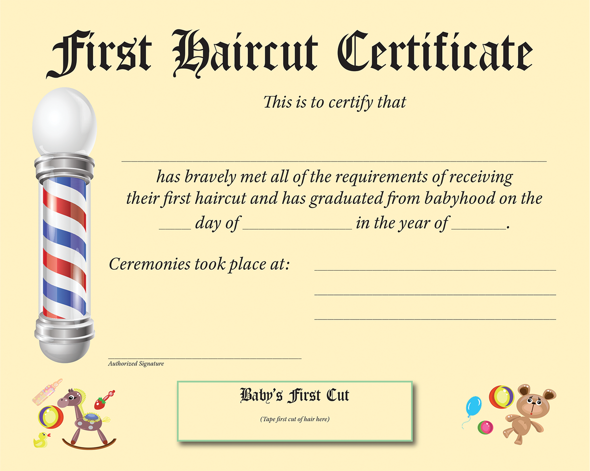 A first haircut certificate template on a pale yellow background, with a barber pole illustration on the left, decorative illustrations at the bottom, and blank lines for writing names and dates.