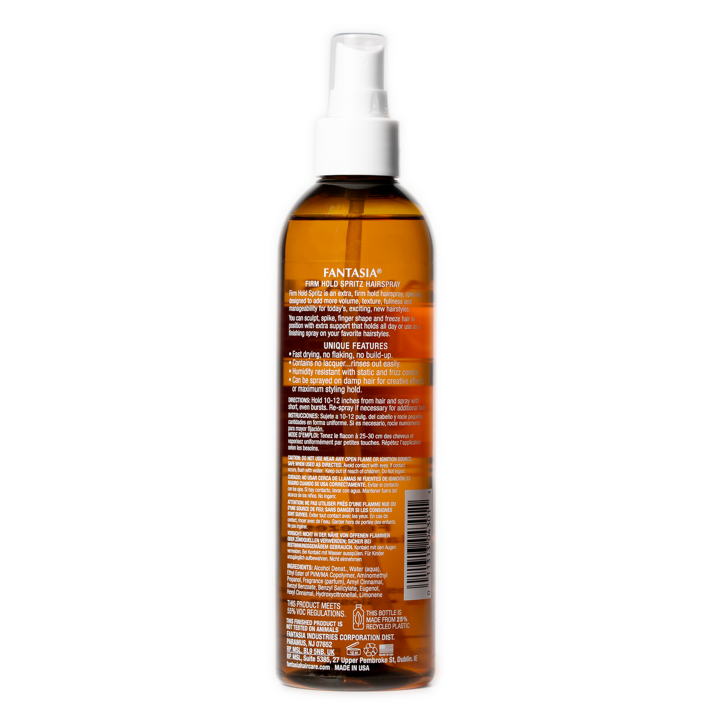 Bottle of Fantasia hair oil spray with label on a white background