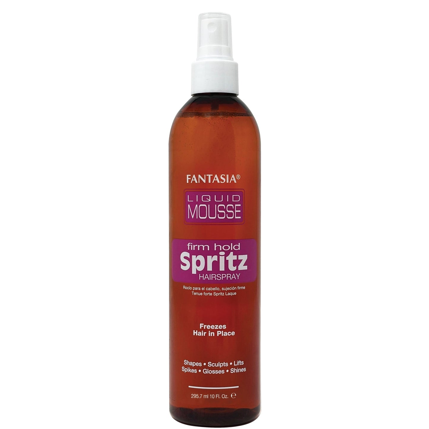 Bottle of Fantasia Liquid Mousse Spritz Hairspray on a white background