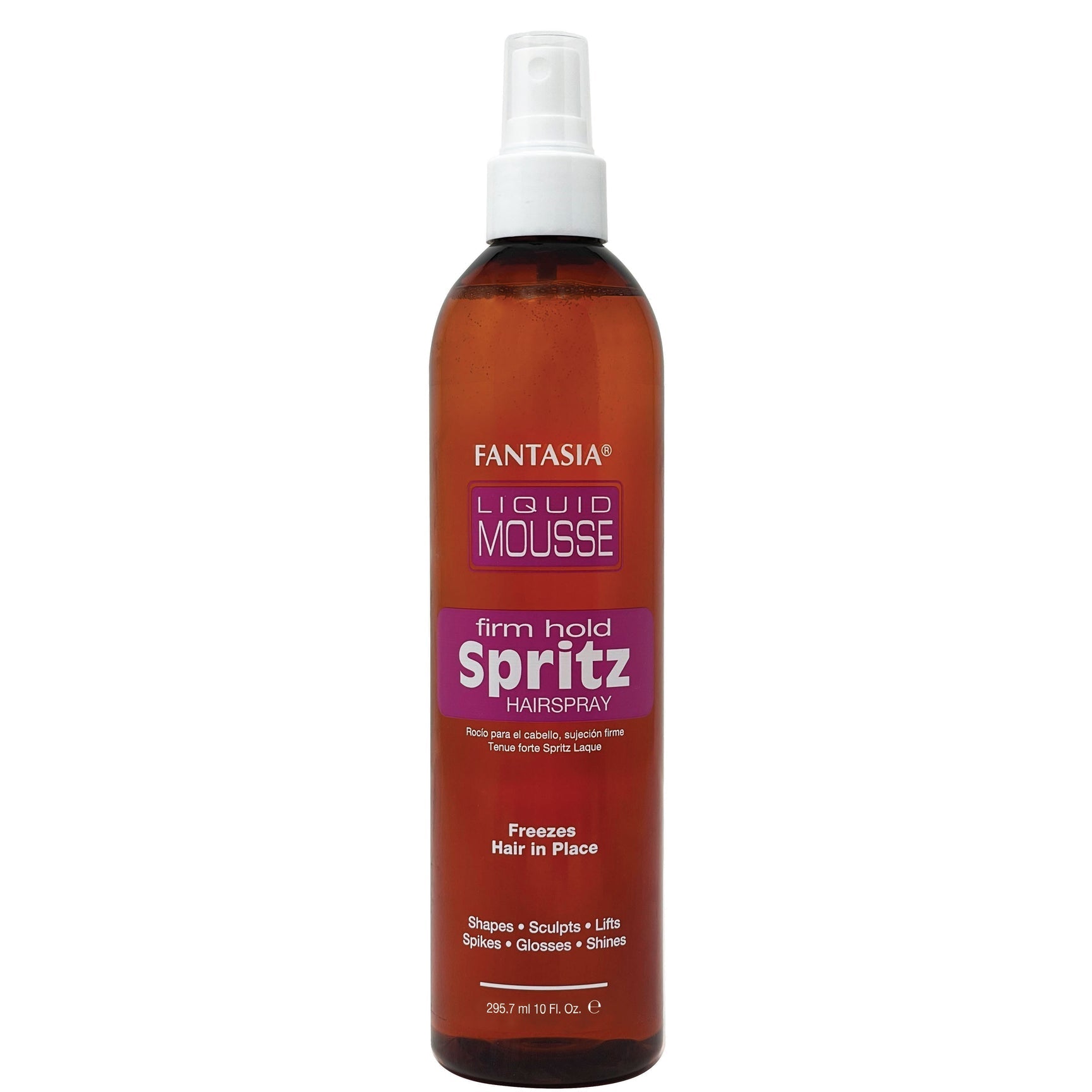 Bottle of Fantasia Liquid Mousse Spritz Hairspray on a white background