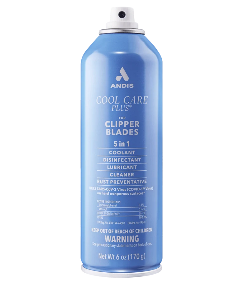 Blue spray can labeled 'Andis Cool Care Plus' on a white background