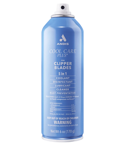 Blue spray can labeled 'Andis Cool Care Plus' on a white background