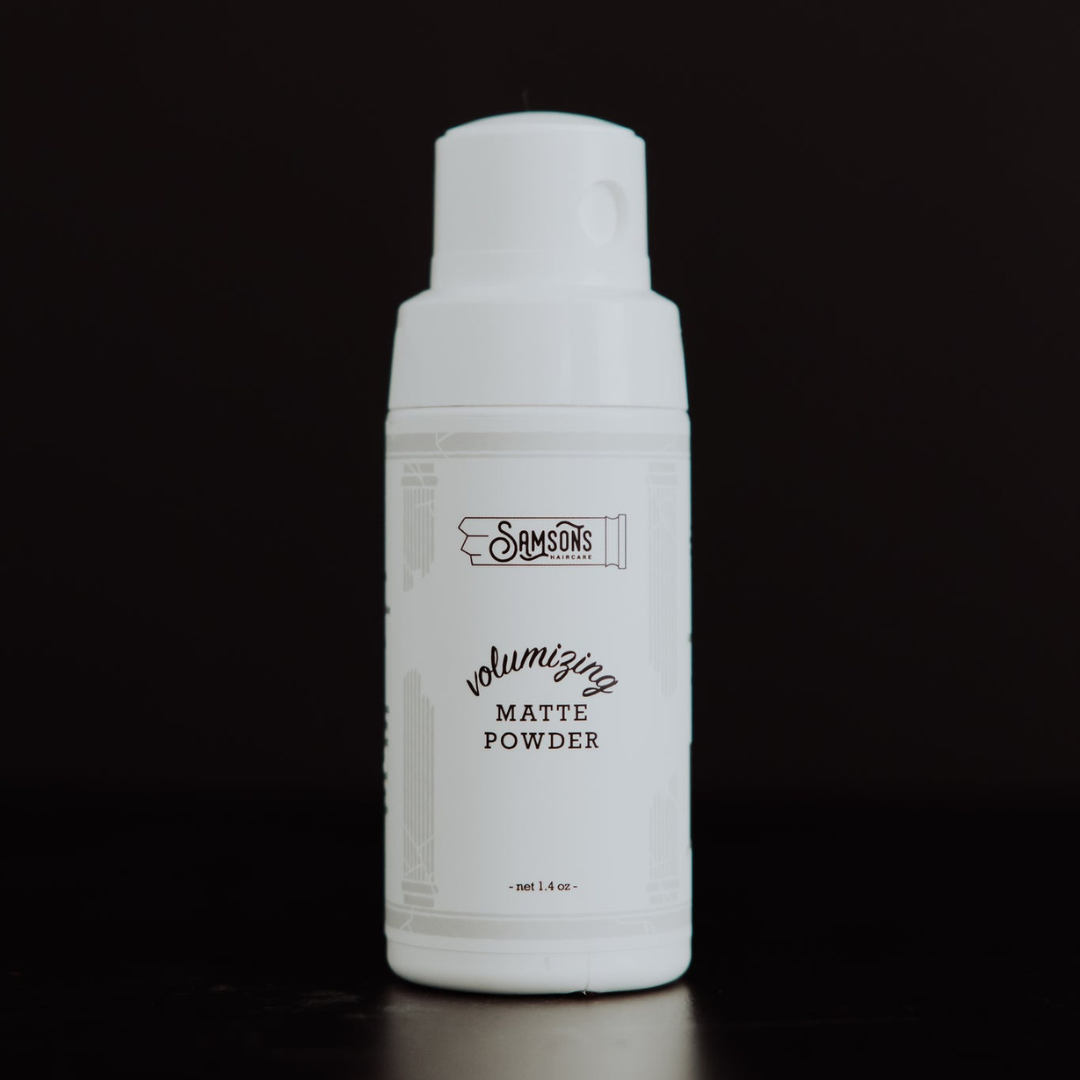 Samson's Haircare Volumizing Dry Shampoo Matte Powder front of white bottle view on a black background
