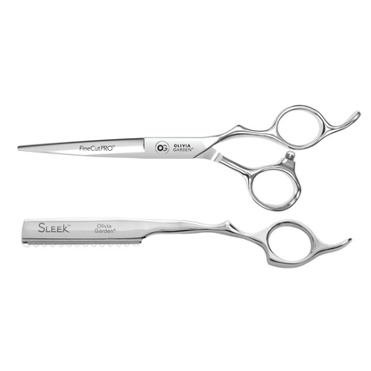 Two stainless steel professional hair scissors, a larger FineCut PRO scissor and a smaller Sleek razor, displayed on a clean white background.