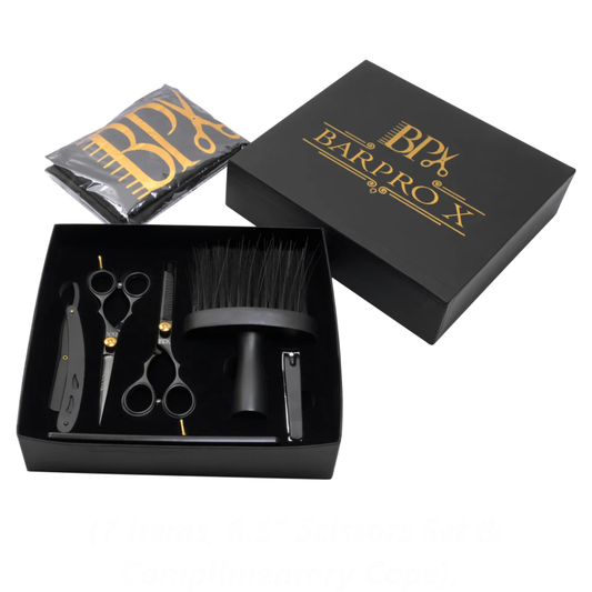 Barber tool set with scissors, razor, and brush in a black box labeled 'BARPRO X'.
