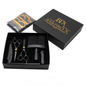 Barber tool set with scissors, razor, and brush in a black box labeled 'BARPRO X'.