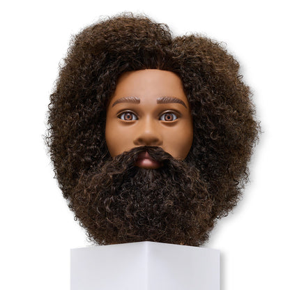 A mannequin head with a large dark brown curly wig, matching beard, and realistic facial features mounted on a white display stand against a plain white background.