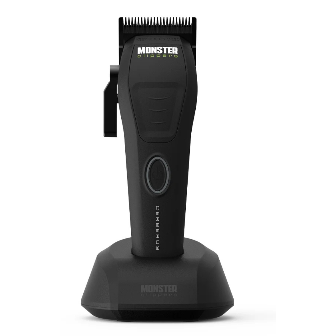 Monster Clippers Cerberus Hair Clipper front view on charging stand on a white background