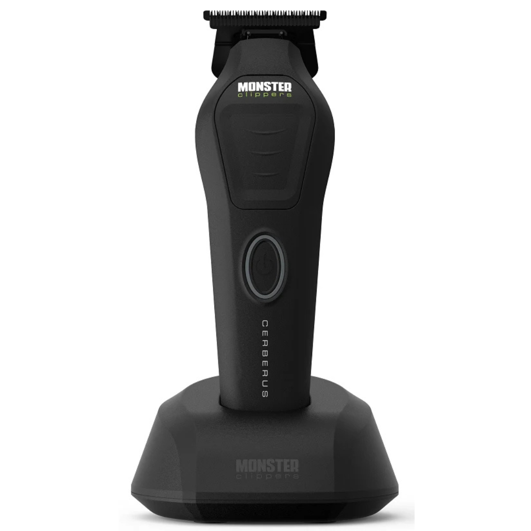 Monster Clippers Cerberus Hair Trimmer in black front view on charging stand on white background