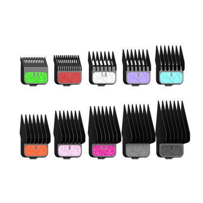 10 color coded black plastic clipper blade guards by TPOB side view 