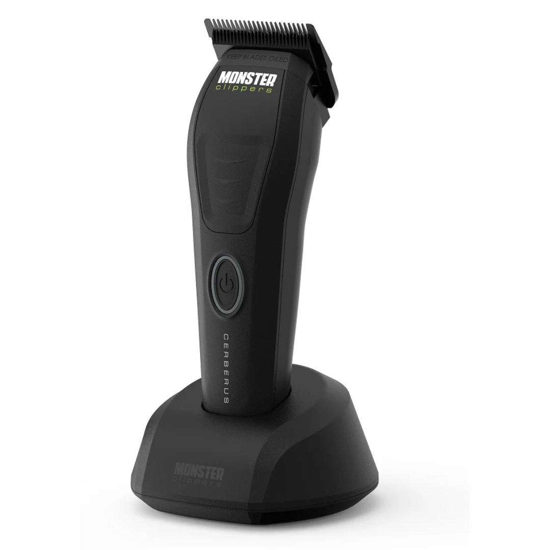 Monster Clippers Cerberus Hair Clipper side view on charging stand on a white background