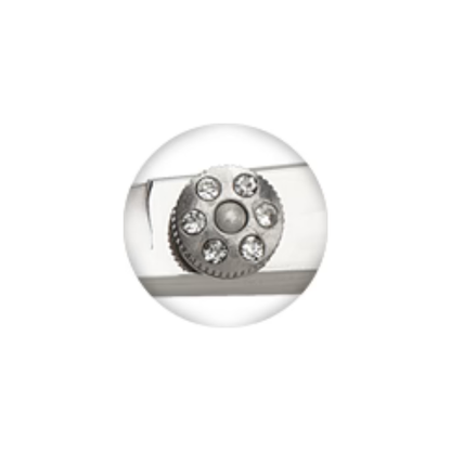 A close-up of a silver-toned circular ring setting with a central round stone and six surrounding clear stones, shown against a plain white background.