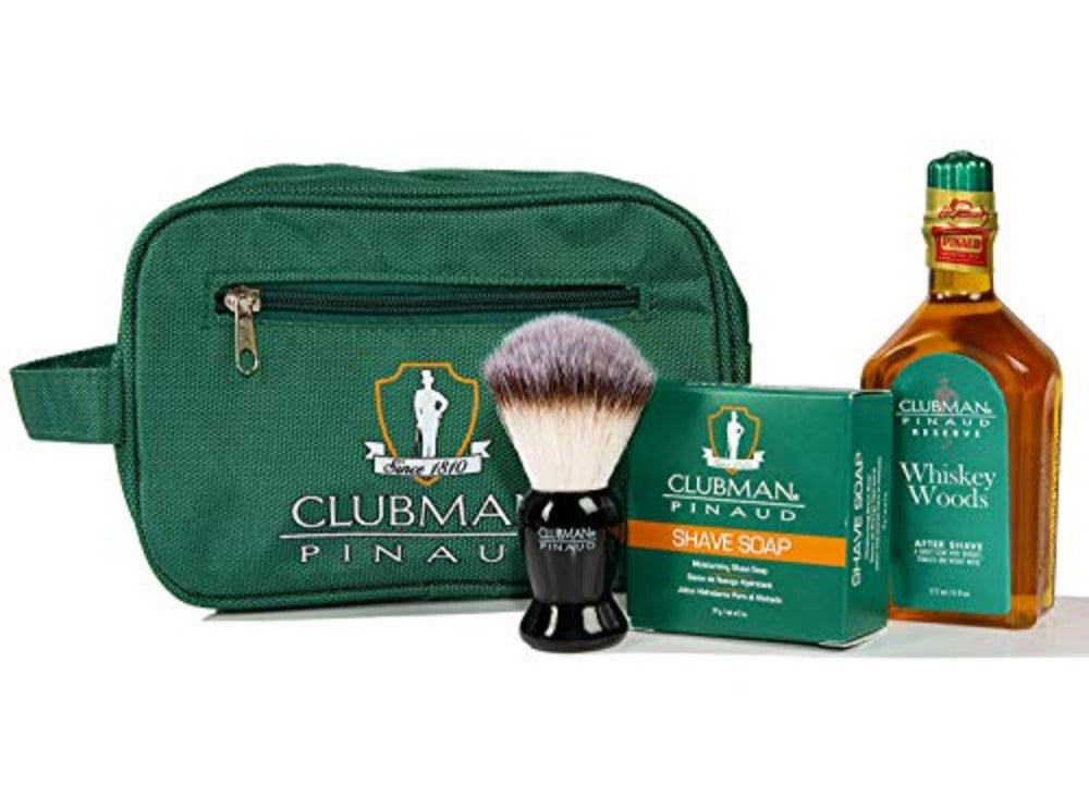 Clubman Pinaud Shave Essentials Set - Dopp Kit With Whiskey Woods After Shave, Shave Soap and Shave Brush