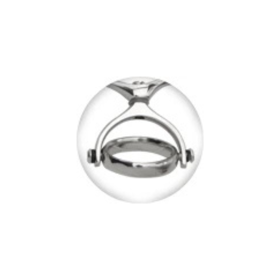 A polished silver metal ring with a unique geometric, looped design, shown against a plain white background.