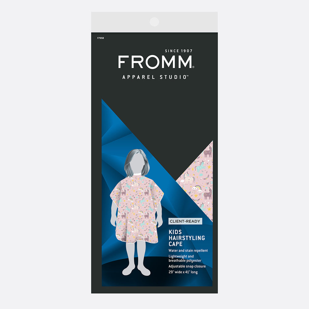 Package of FROMM Kids Hairstyling Cape with a stylized illustration of a child wearing the cape.