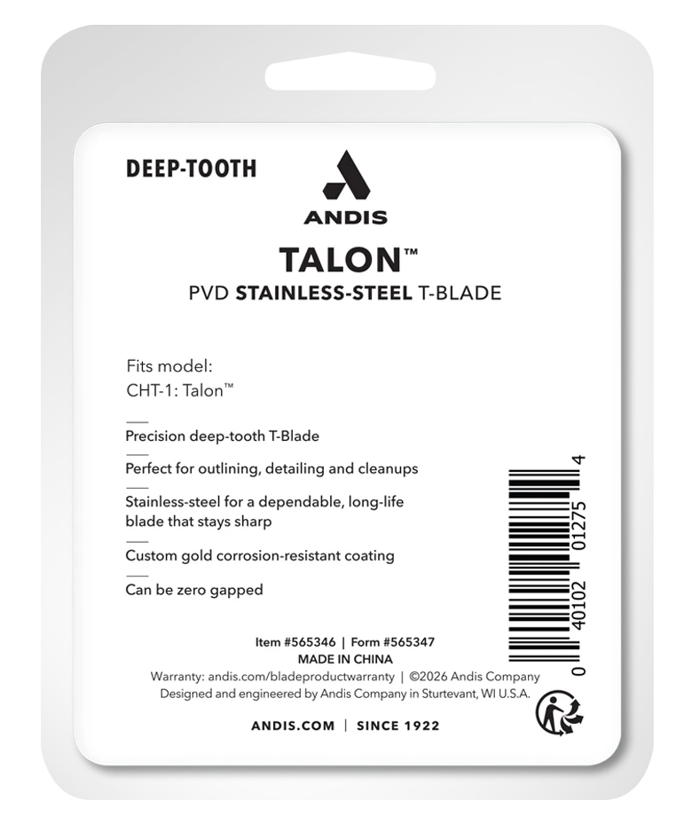 Back view of the Andis Talon Replacement Trimmer Blade #565346 packaging