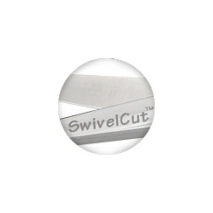 A close-up circular view of a shear blade 'SwivelCut' printed on a shear blade around the middle, set against a plain white background.