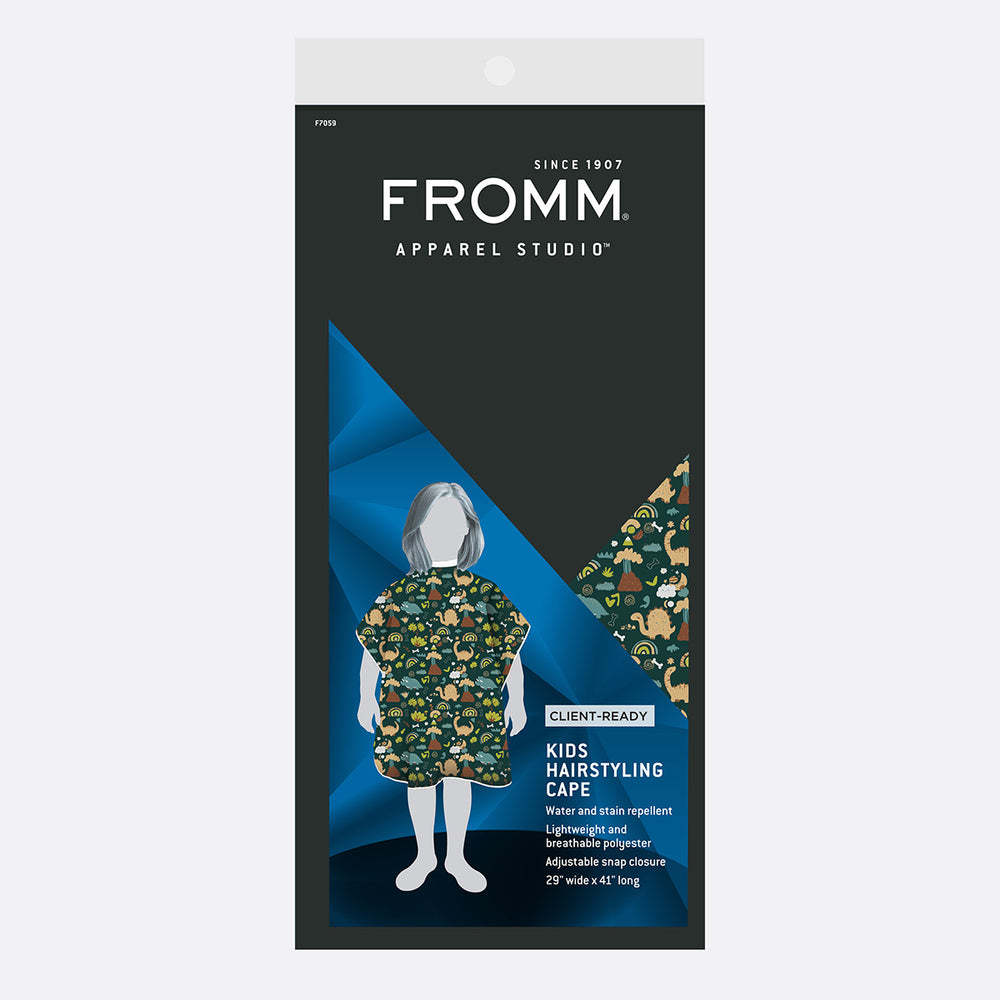 Packaging of FROMM Kids Hairstyling Cape with a blue and black design.