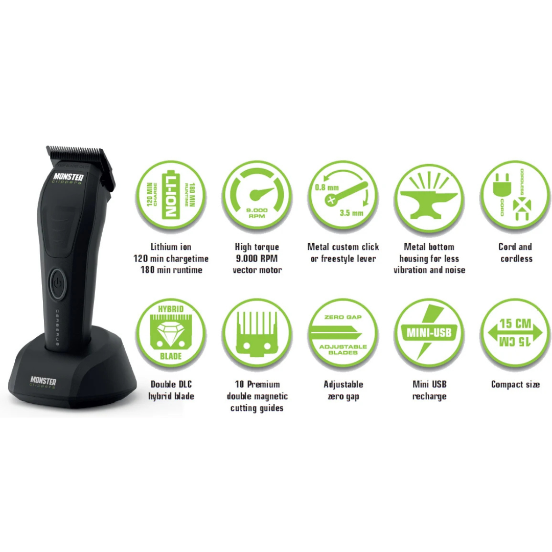 Monster Clippers Cerberus Hair Clipper on charging stand with green circle icons showing the features on a white background