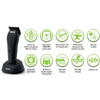 Monster Clippers Cerberus Hair Clipper on charging stand with green circle icons showing the features on a white background