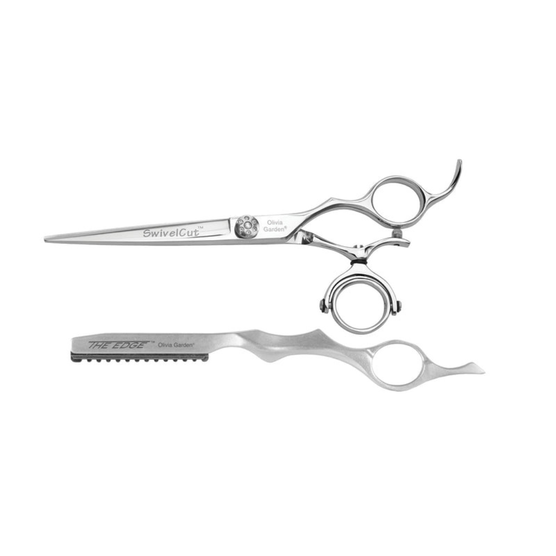 A pair of silver professional haircutting shears and a matching silver razor with textured teeth, displayed on a clean white background.