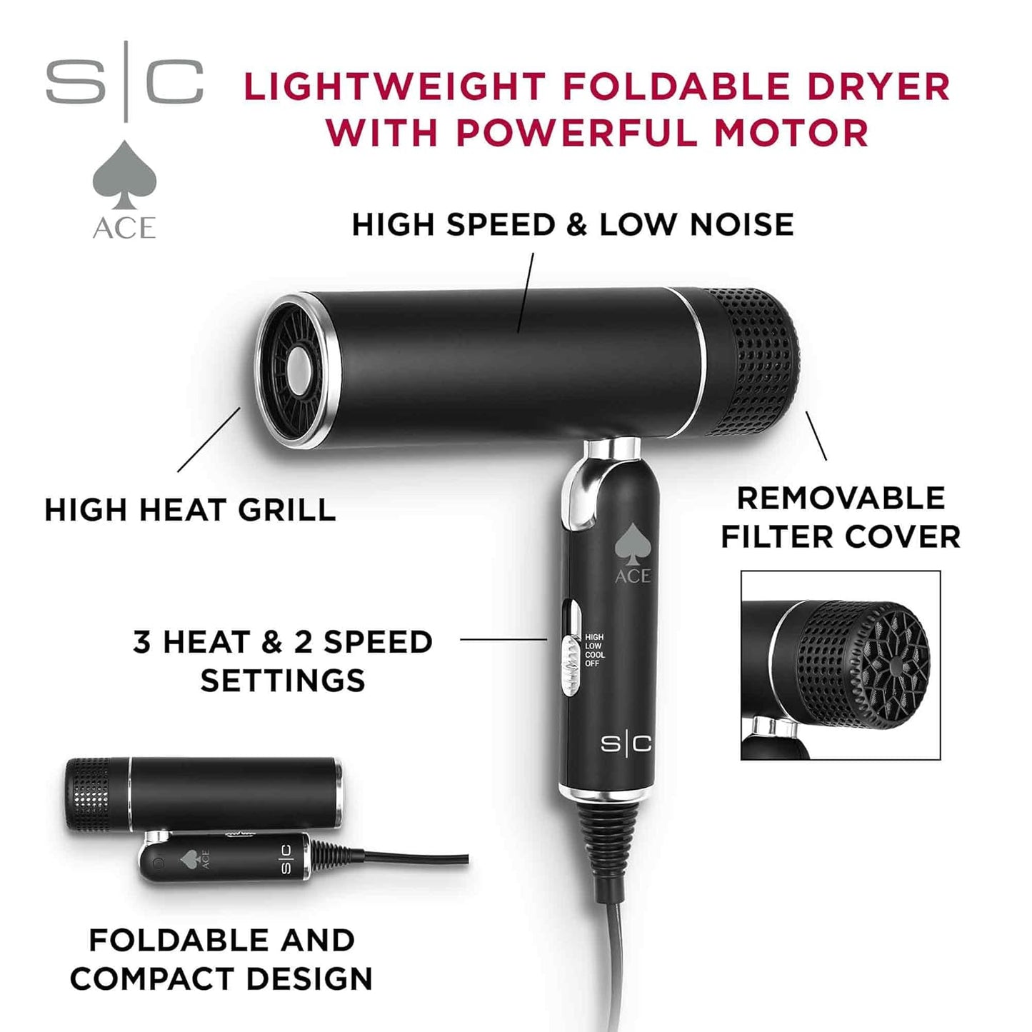 StyleCraft Ace - Foldable Lightweight Hair Dryer #SC103B