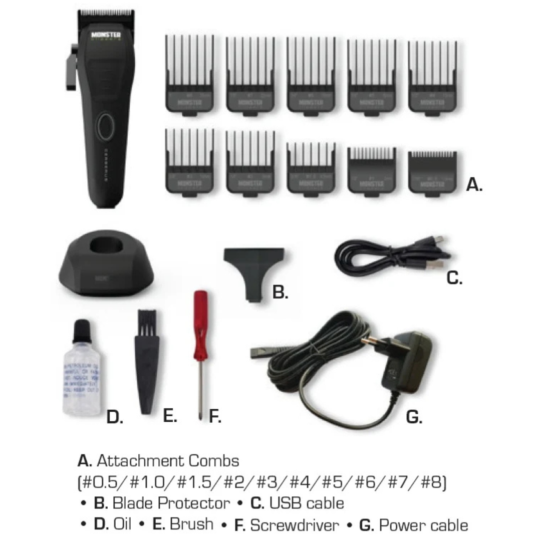 Monster Clippers Cerberus Hair Clipper and accessories that are included on a white background