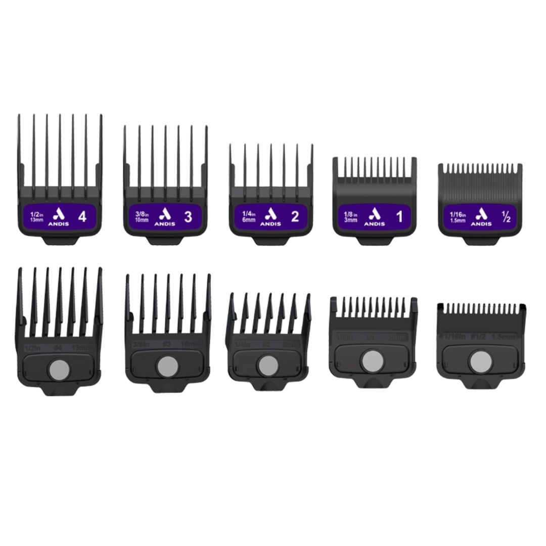 A set of ten black hair clipper guide combs in different blade sizes, arranged in two rows on a plain white background. Each comb has a purple label with white text and a small white Andis logo.
