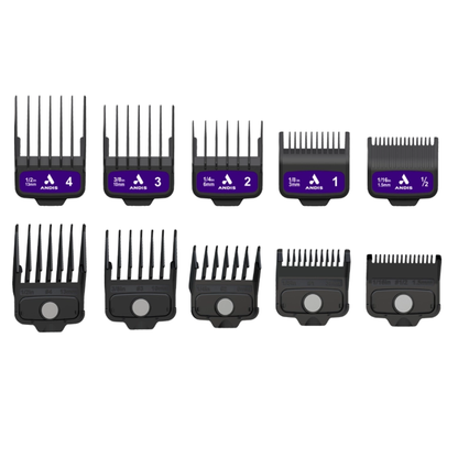 A set of ten black hair clipper guide combs in different blade sizes, arranged in two rows on a plain white background. Each comb has a purple label with white text and a small white Andis logo.