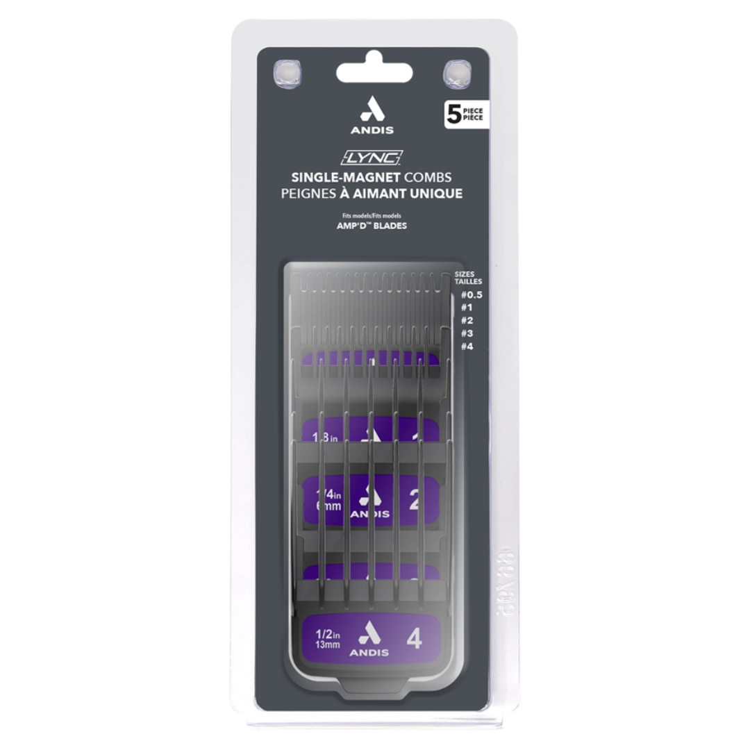 Andis Lynk AMP5 single magnet combs 1.2mm size 4 magnetic combs in a blister pack with a black and white header card.