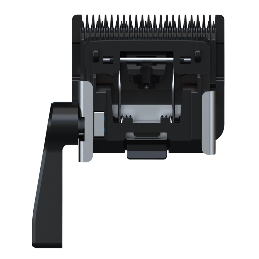 Black and silver Andis clipper blade with a side handle, shown from a front-facing perspective looking at the back of the blade on a solid white background.