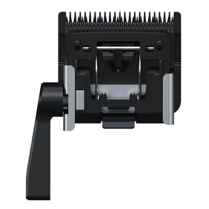 Black and silver Andis clipper blade with a side handle, shown from a front-facing perspective looking at the back of the blade on a solid white background.
