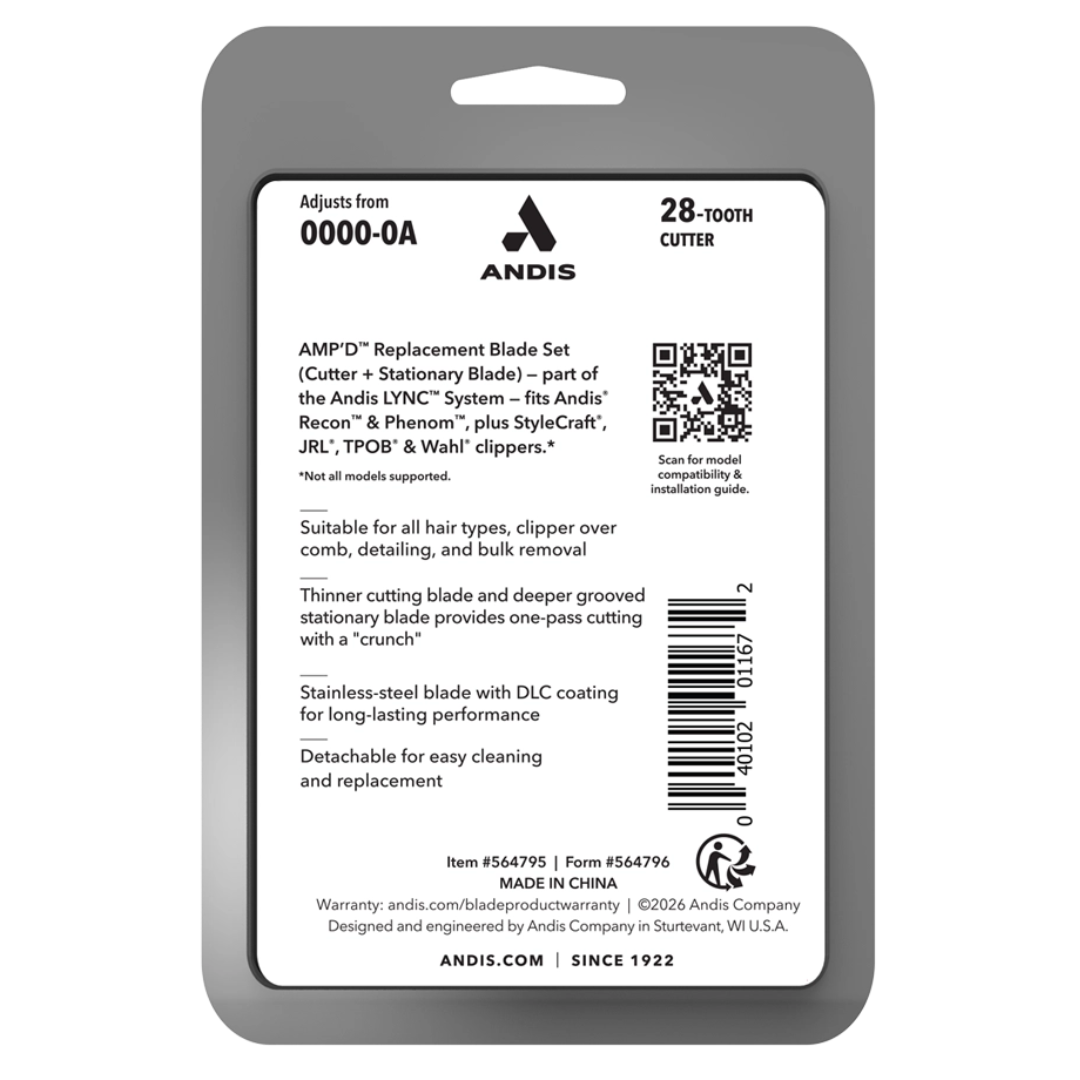 A gray rectangular product package or card for an ANDIS AMPD replacement blade set, shown against a plain white background. The front has a white label with black text, a barcode, a QR code, and the ANDIS logo.