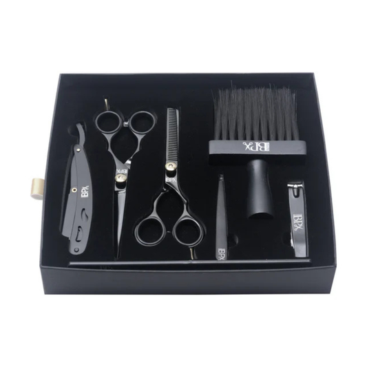 Set of black hairdressing tools including scissors, comb, and other accessories in a black box on a white background.