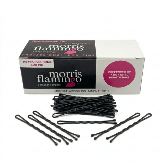 #color_black
Box of Morris Flamingo hair bob pins with pins displayed in front on a white background