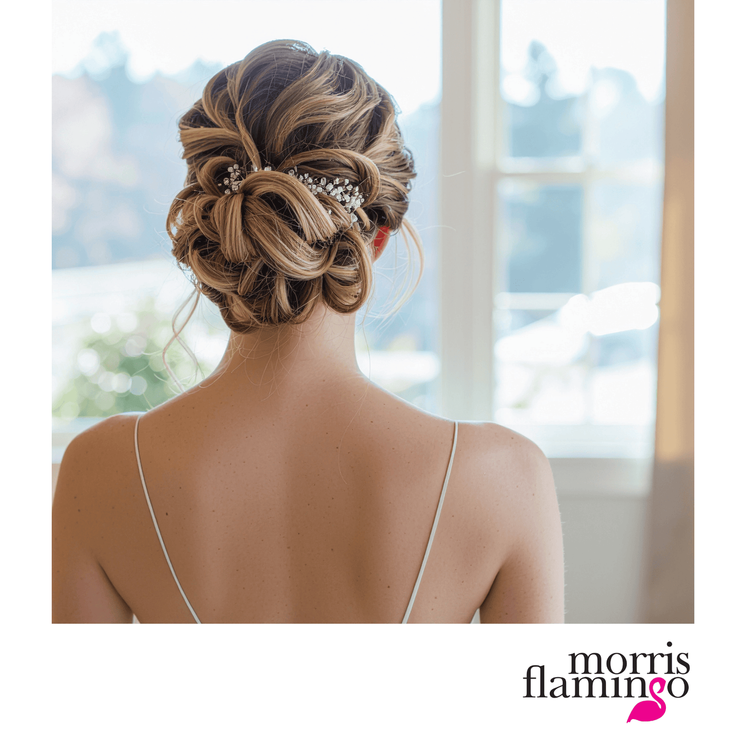 Woman with an elegant updo hairstyle in front of a window with a blurred outdoor view, featuring the morris flamingo bob pins holding the hairstyle in place.