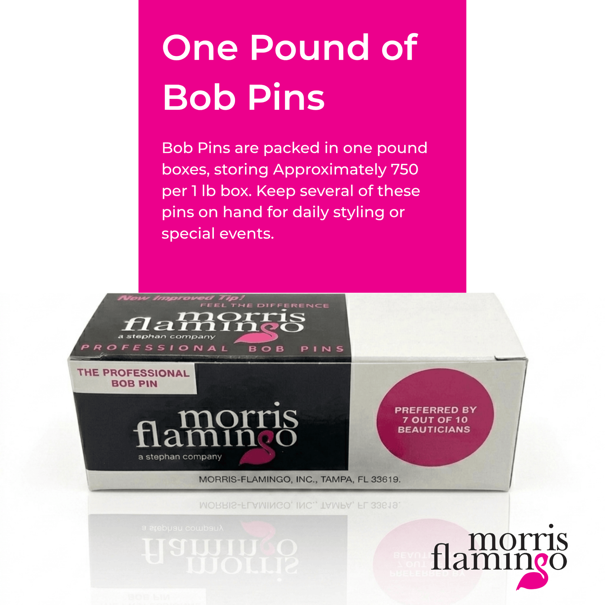 Box of Morris Flamingo Bob Pins with pink and white text overlay