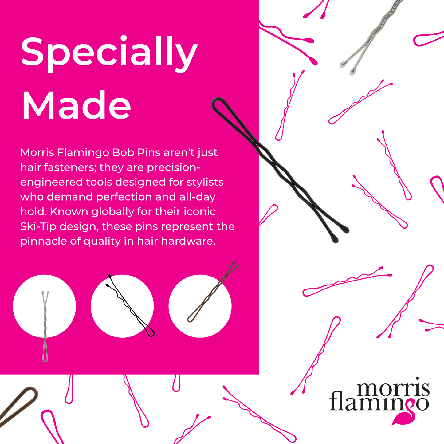 Advertisement for Morris Flamingo bob pins with pink background and text.