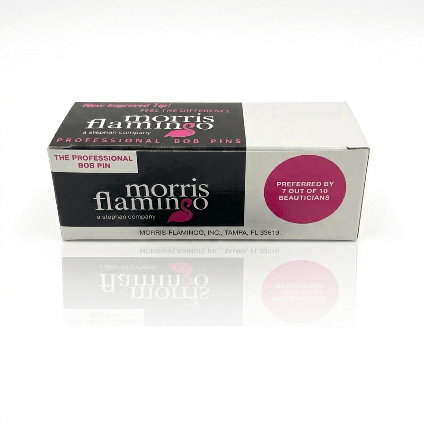 Box of Morris Flamingo professional hair pins on a white background