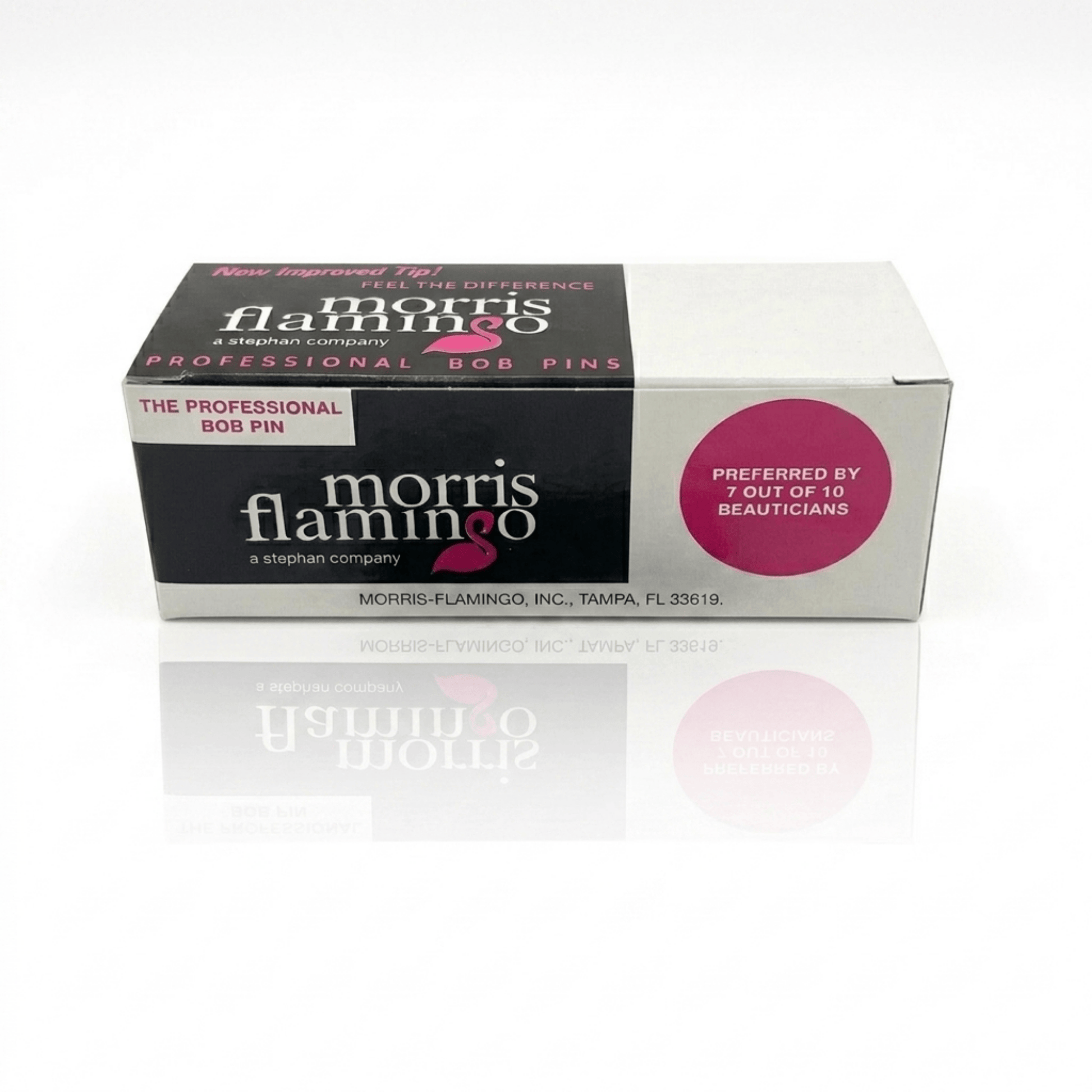 Box of Morris Flamingo professional hair pins on a white background