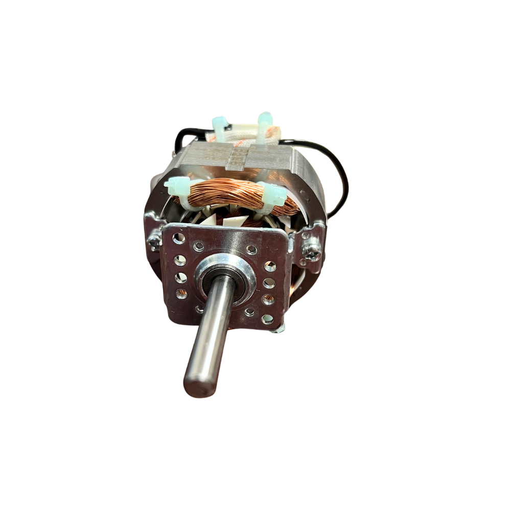 A small industrial or appliance motor with a metal shaft, copper windings, and black wires, shown against a plain white background.