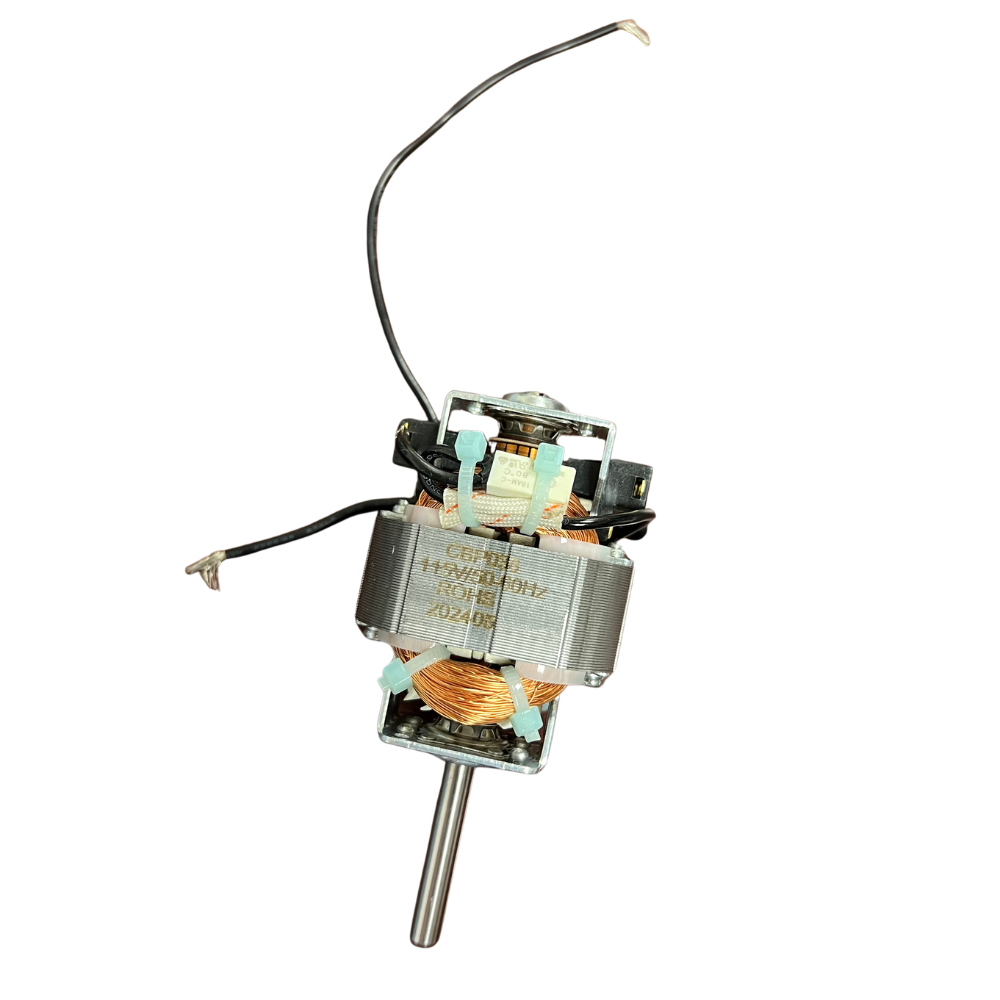 A small metal electrical motor or relay component with copper wire coils, black wires, and a silver metal shaft, isolated on a white background.