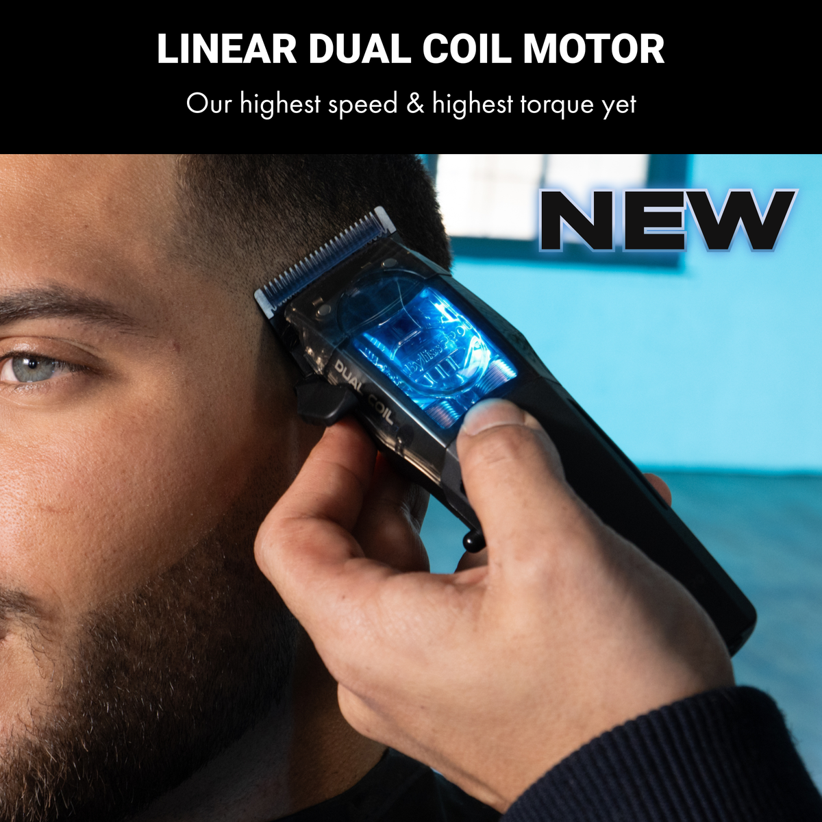 Person using a hair clipper with text highlighting 'Linear Dual Coil Motor' and 'NEW' on a blue background.
