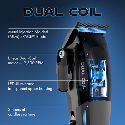 Hair clipper with features highlighted on a blue background