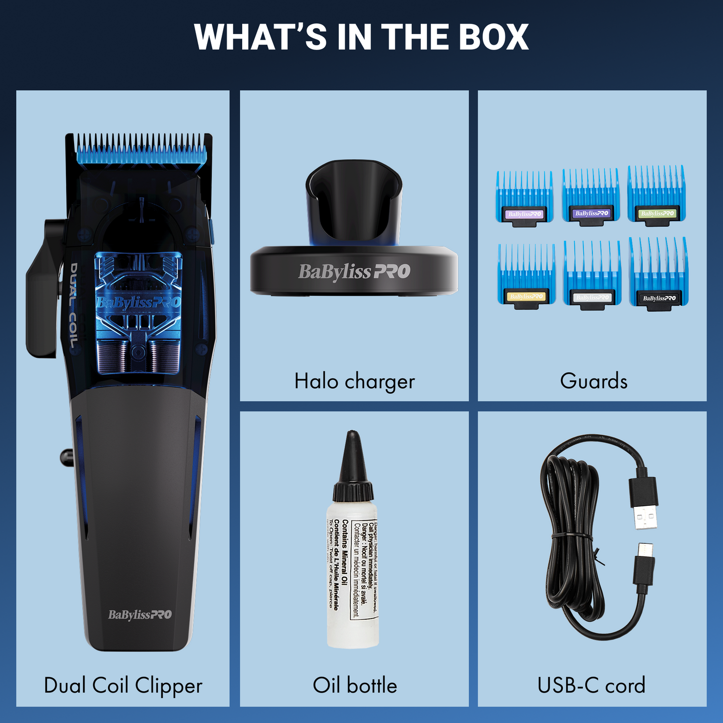 List of items included in a BaByliss Pro hair styling clipper on a blue background
