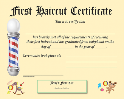 A first haircut certificate template on a pale yellow background, with a barber pole illustration on the left, decorative illustrations at the bottom, and blank lines for writing names and dates.