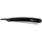 black plastic handle shaving razor with metal blade holder on a white background. Razor shown in closed position