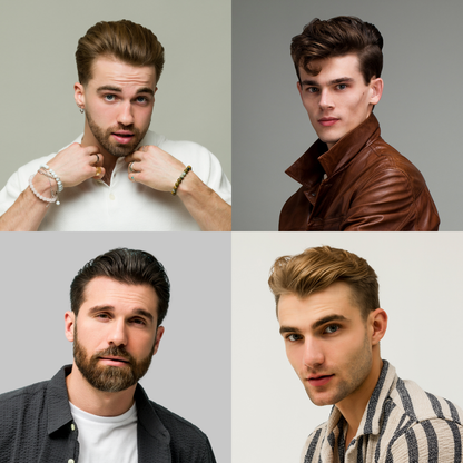 Four different portraits of a man with styled hair on a gray background