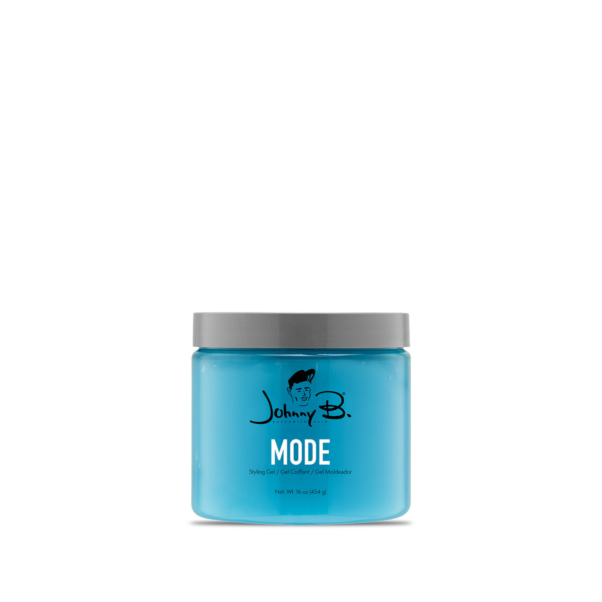A blue plastic jar of Johnny B. Mode hair product with a gray lid, centered on a plain white background.